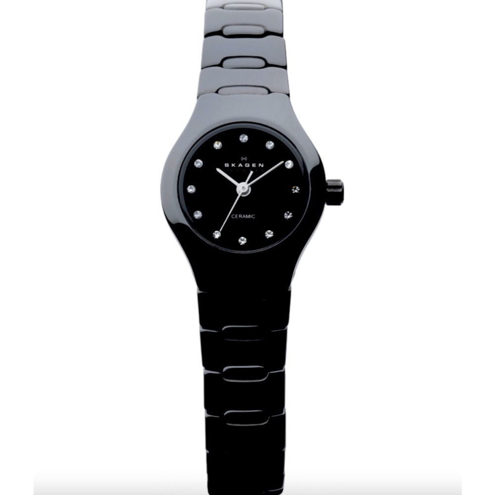 Skagen Black Ceramic Watch Crystal Accents Butterfly Clasp EUC 816XSBXC1